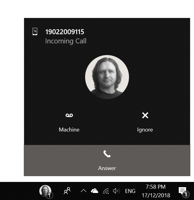 A SichboPhone in-coming call on Windows 10.
